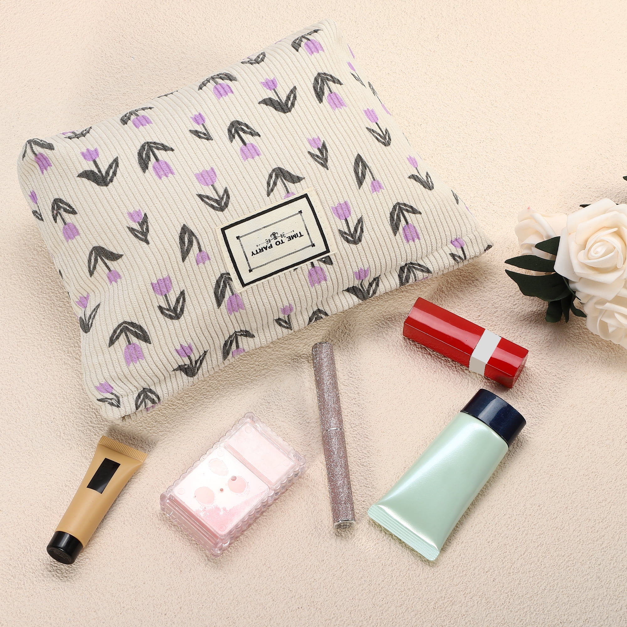 Unique Bargains Floral Makeup BagLarge Capacity Cosmetic Pouch Beige Purple