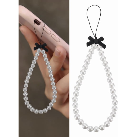 2 Pcs Black Bow Pearl Beaded Phone Lanyard White Mobile Phone Lanyard Anti Lost Phone Charm for Women Phone Keychain Charm