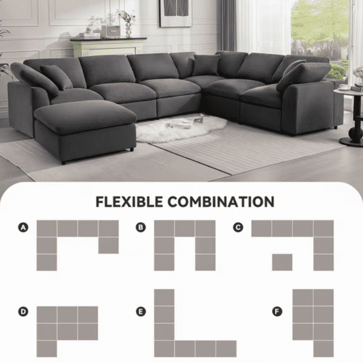 Modern Modular Sectional Sofa with Ottoman, Oversized 7-Seater L-Shaped Cloud Couch for Living Room, Apartment & Family Lounge, Dark Gray