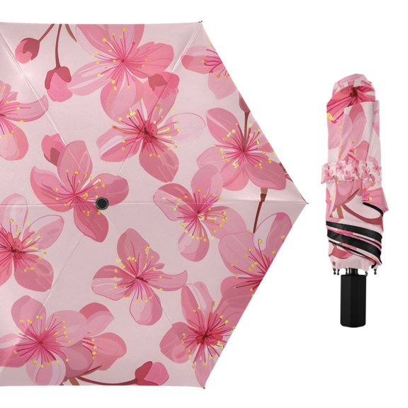 Pink Cherry Blossoms Compact Sun Umbrella Windproof Travel Umbrellas for Rain Strong Portable UV Protection