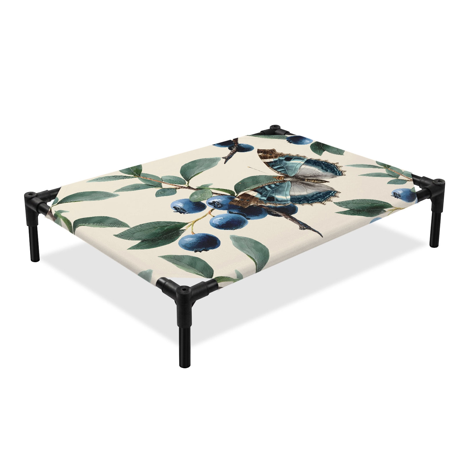 Butterflies Fruit Elevated Dog Bed Blueberries Green Leaves Branch Plant Beige Cooling Breathable Outdoor Raised Dog Cot Bed with Metal Frame Non-Slip Feet for Medium Dog 24x20in