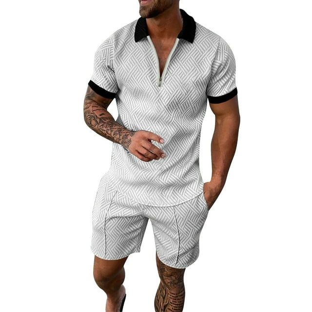 Ensemble Court de Sport pour Hommes à Manches Courtes Imprimé 3D Tropical de Plage pour Tenue Estivale Active