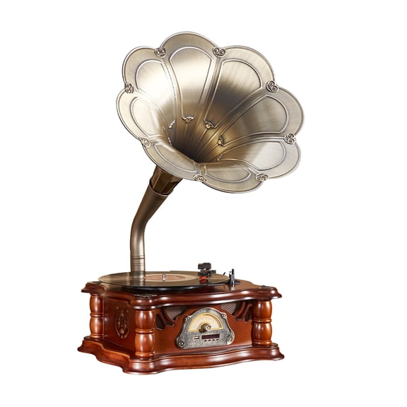 Wooden Vintage Gramophone Record Player, Retro Phonograph Record Player, Horn Vinyl Audio Turntables with FM/USB Audio in/Bluetooth Audio in for Home/Office/Hotel/Restaurant/Party/Birthday/Christams