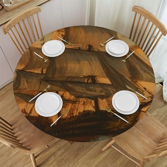 Fantasy Pirate Ship Print Elastic Round Table Cloth Cover,Round Elastic Tablecloth Waterproof