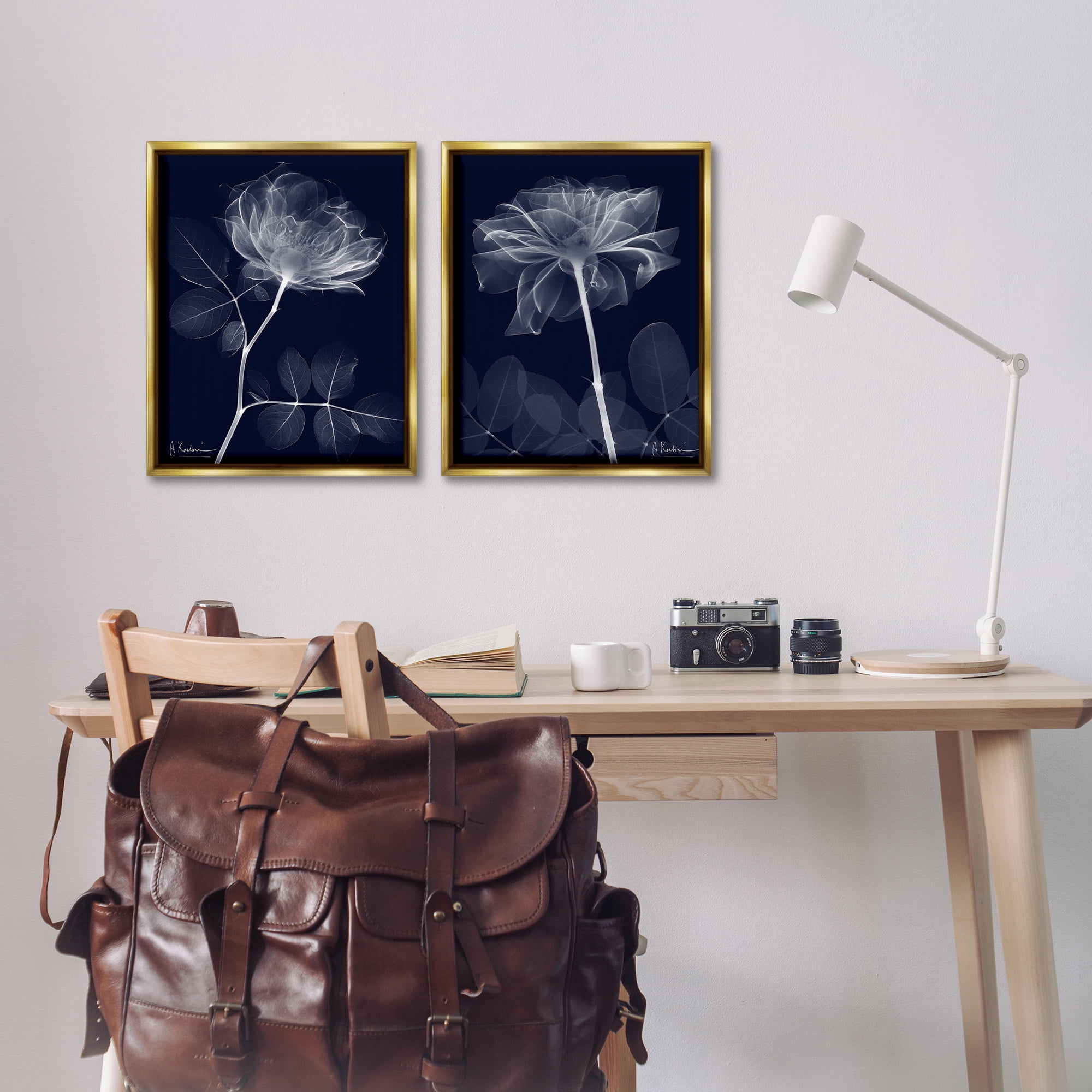 Stupell Industries X-Ray Blossom on Black Botanical & Floral Photography Gold Floater Framed Canvas Art Print Wall Art, 17 x 21, Set of 2