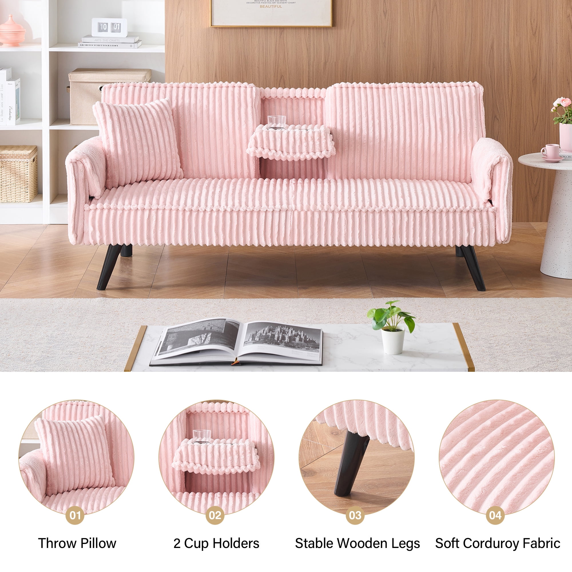 Aukfa Corduroy Futon Convertible Sofa Bed, 2 Cup Holders& Pillow, Straight-line Tufted, Pink