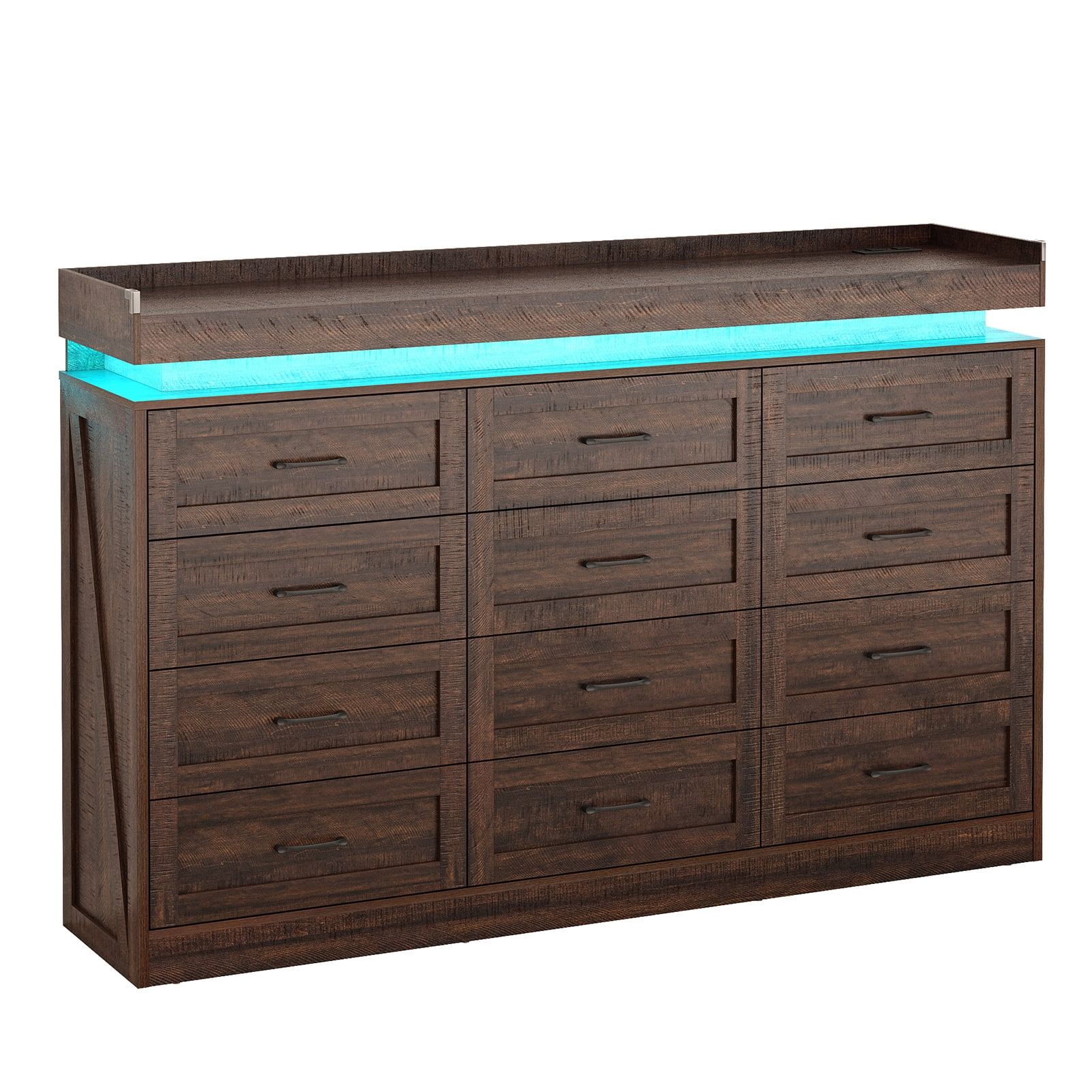 ChVans 12 Drawer Dresser with LED Light and Charging Station, 71" Wide 46" Tall Farmhouse Large Chest of Drawers for Closet, Large Wide Drawer Organizer Cabinet for Bedroom, Living Room