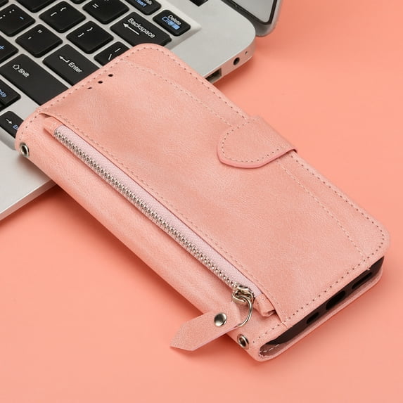 Purse Cover for iPhone XS/X, Zipper Design Shock-Absorbtion Folio Cover, with Kickstand Card Slots Magnetic Wrist Strap Flip Case for iPhone XS/X (5.8 Inch),Pink
