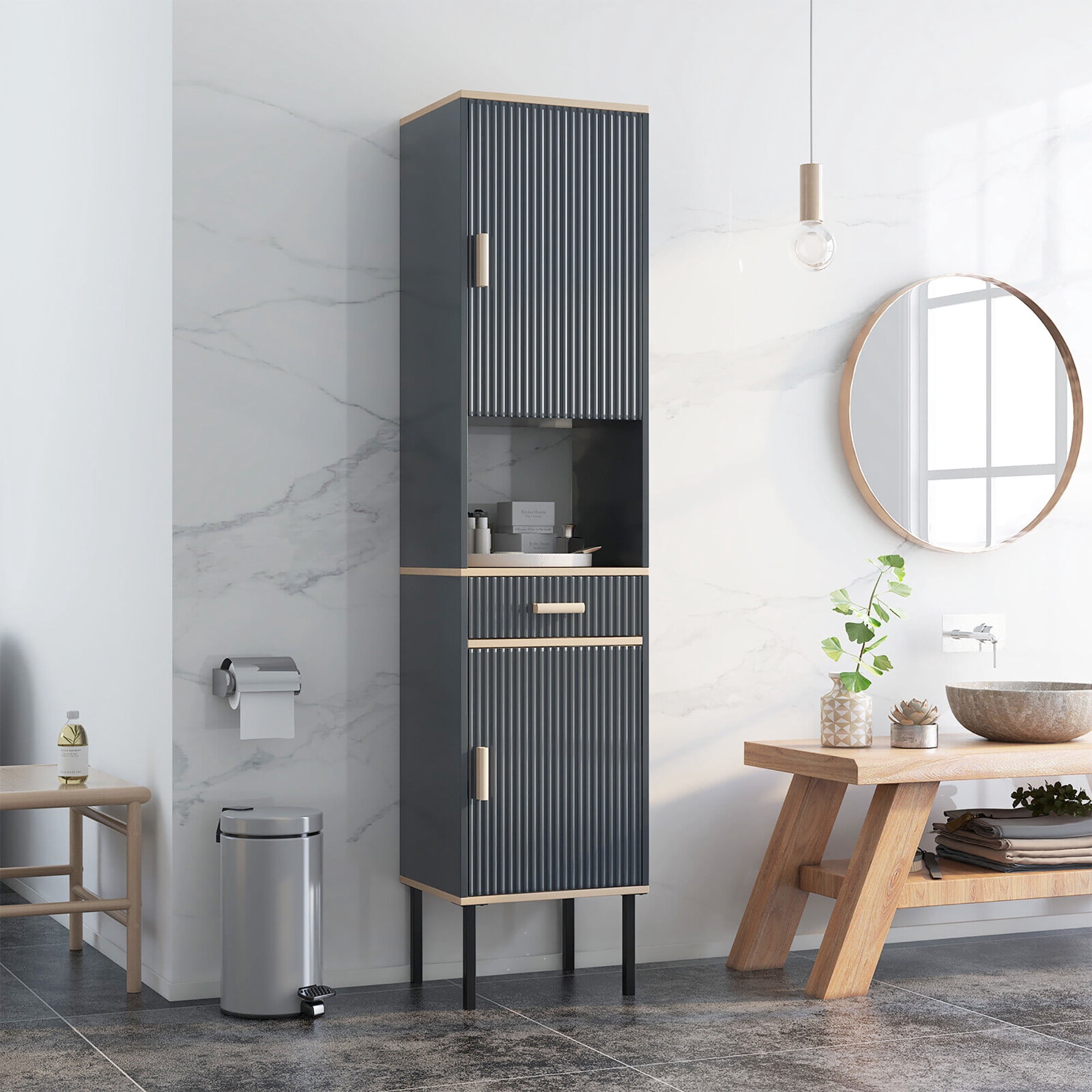 Gymax Tall Bathroom Storage Cabinet Freestanding Narrow Linen Tower w/ Doors & Drawer