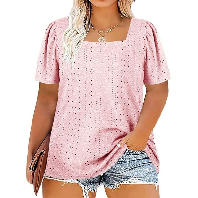 AherBiu Plus Size Womens T Shirts Square Neck Oversized Tshirts Summer Casual Loose Fitting Comfy Basic Tees
