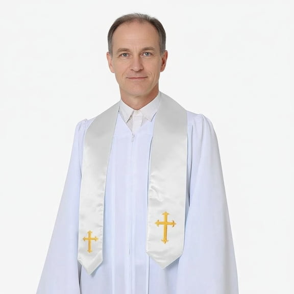 Embroidery Clergy Stole Church Pastor Wedding White Traditional Choir Stole with Embroidery Cross for Men Wedding Officiant Priest Robe Accessories