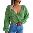 thumbnail image 2 of Womens Fall Winter Colorful Long Sleeve V Neck Open Navel Sweater Plus Size Long Pullover Sweater Green L, 2 of 8