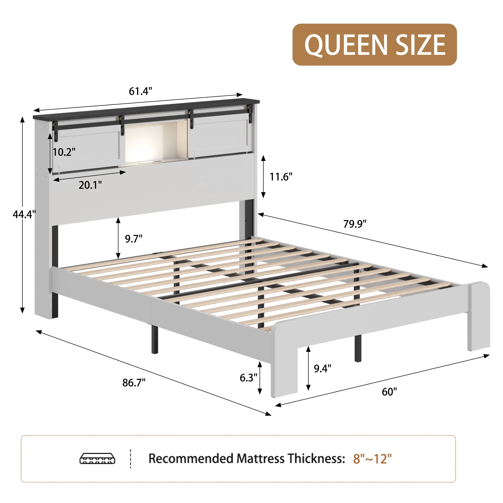 Gewnee Queen Metal Platform Bed Frame with Storage Headboard, 2 USB Ports, No Box Spring Needed for Bedroom, White
