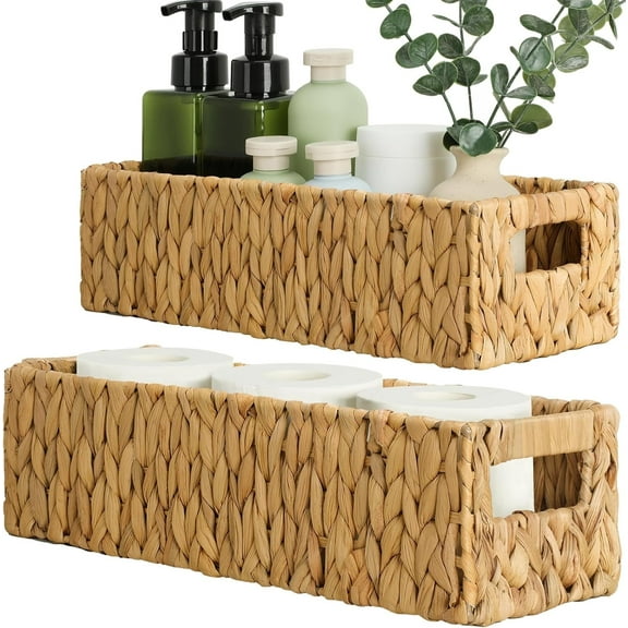 Nesting Small Wicker Basket, Water Hyacinth Toilet Paper Baskets Bathroom Organizer, Woven Long Narrow Baskets, 2 Pack