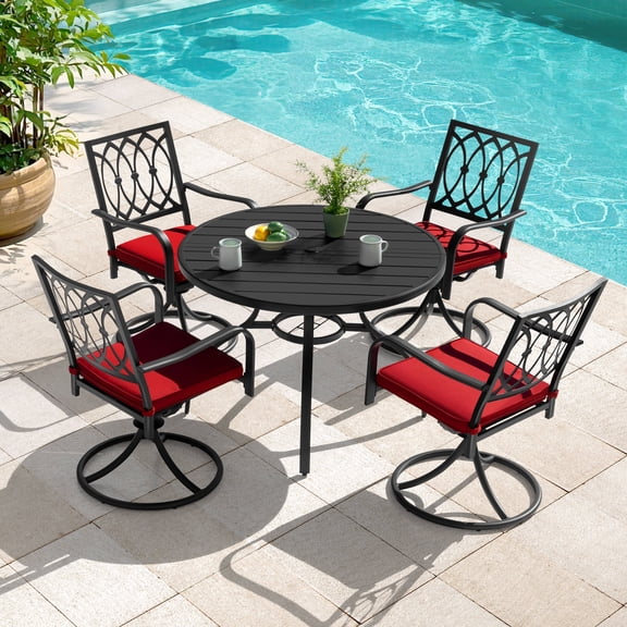 Nuu Garden 5-Piece Patio Outdoor Dining Set, Patio Table and Chairs Set, 4 Swivel Chairs with Thick Cushions and 1 Round Slatted Dining Table with Umbrella Hole, Black and Red