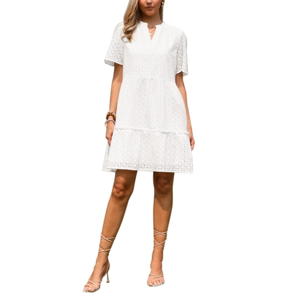 Eyelet Dress for Women 2026 Summer Short Sleeve V Neck Hollow Out Ruffle Vacation Mini Dresses XS White