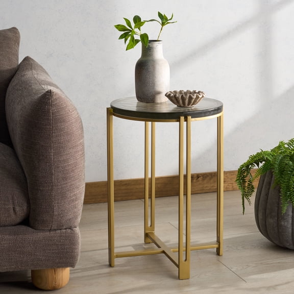 Safavieh Couture Levitt Industrial Metal and Glass Round End Table, Brass/Clear