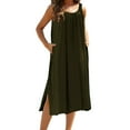 thumbnail image 4 of Zpanxa Sundresses for Women, Summer Dresses for Women 2024 Fashion Casual Solid Floral Printed Sleeveless Pocket Split Round-Neck Knee-High Dress Long Dress Army Green A M, 4 of 8