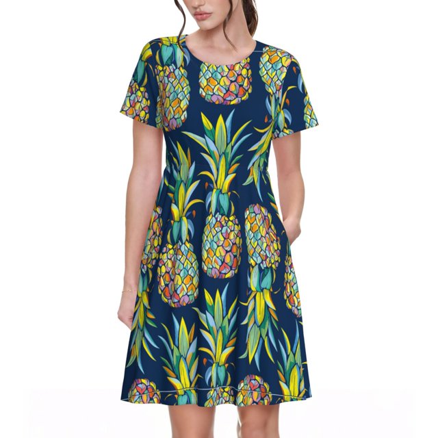 Easygdp Colorful Pineapples para Vestido Transpirable de Mujer, Vestido Suelto de Manga Corta con Pliegues y Bolsillos para el Verano