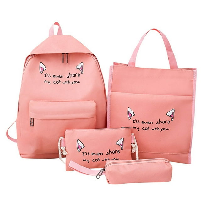 Pink Pink Campus Student Backpack Four Piece Set Cloth Waterproof Bag For School College Travel Lightweight Durable Multiple Compartments Comfortable Carry Daily Use Bookbag