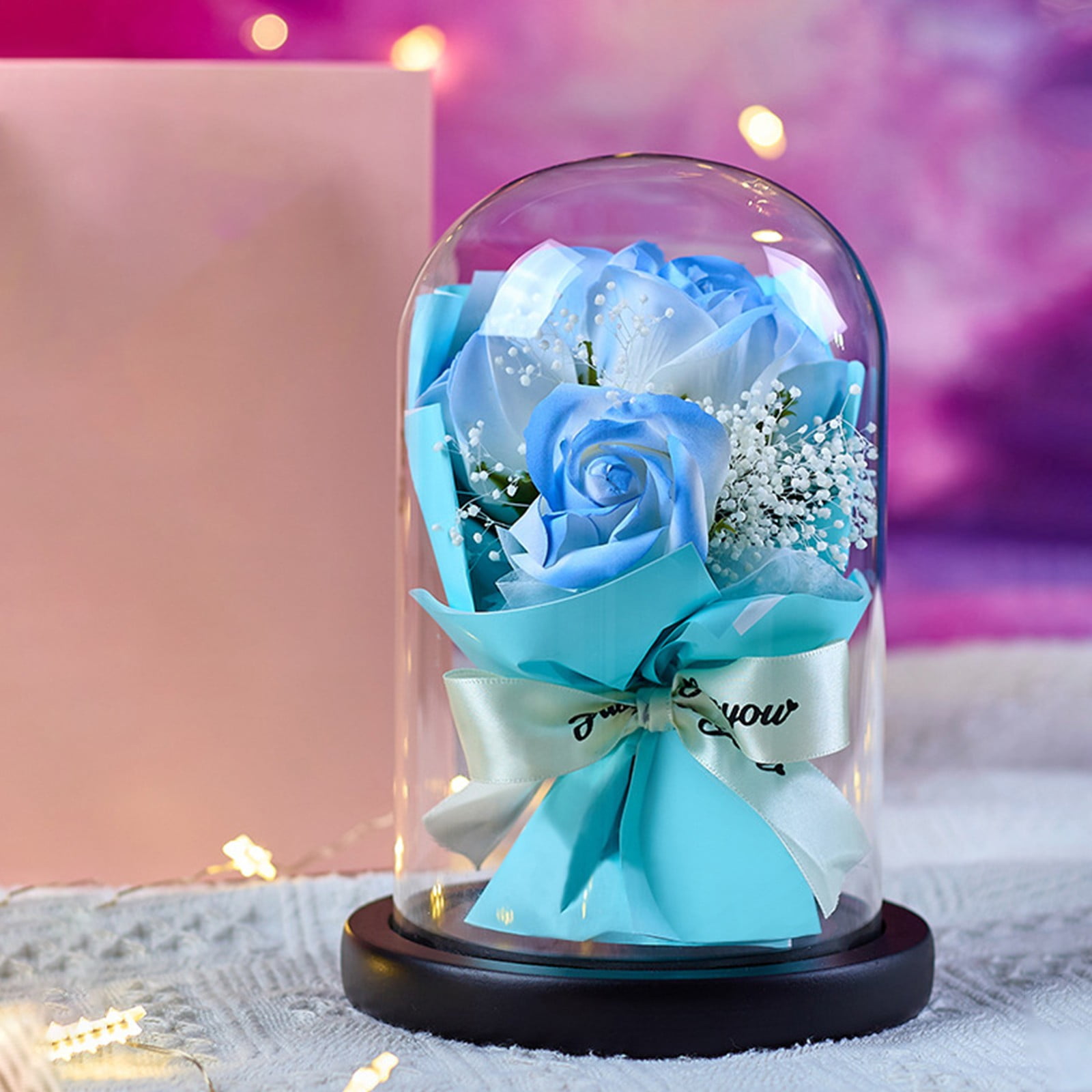 RKSTN Soap Flower Dried Flower Bouquet Rose Glass Dome Eternal Flower Gift Blue