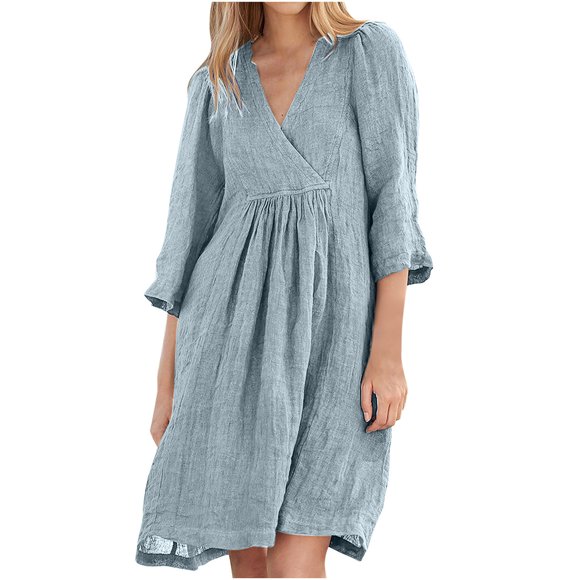 Summer Casual Sundress for Women Fashion Women Summer Casual V-Nek 3/4 Sleeve Solid Mini Dress on Clearance Sky Blue M