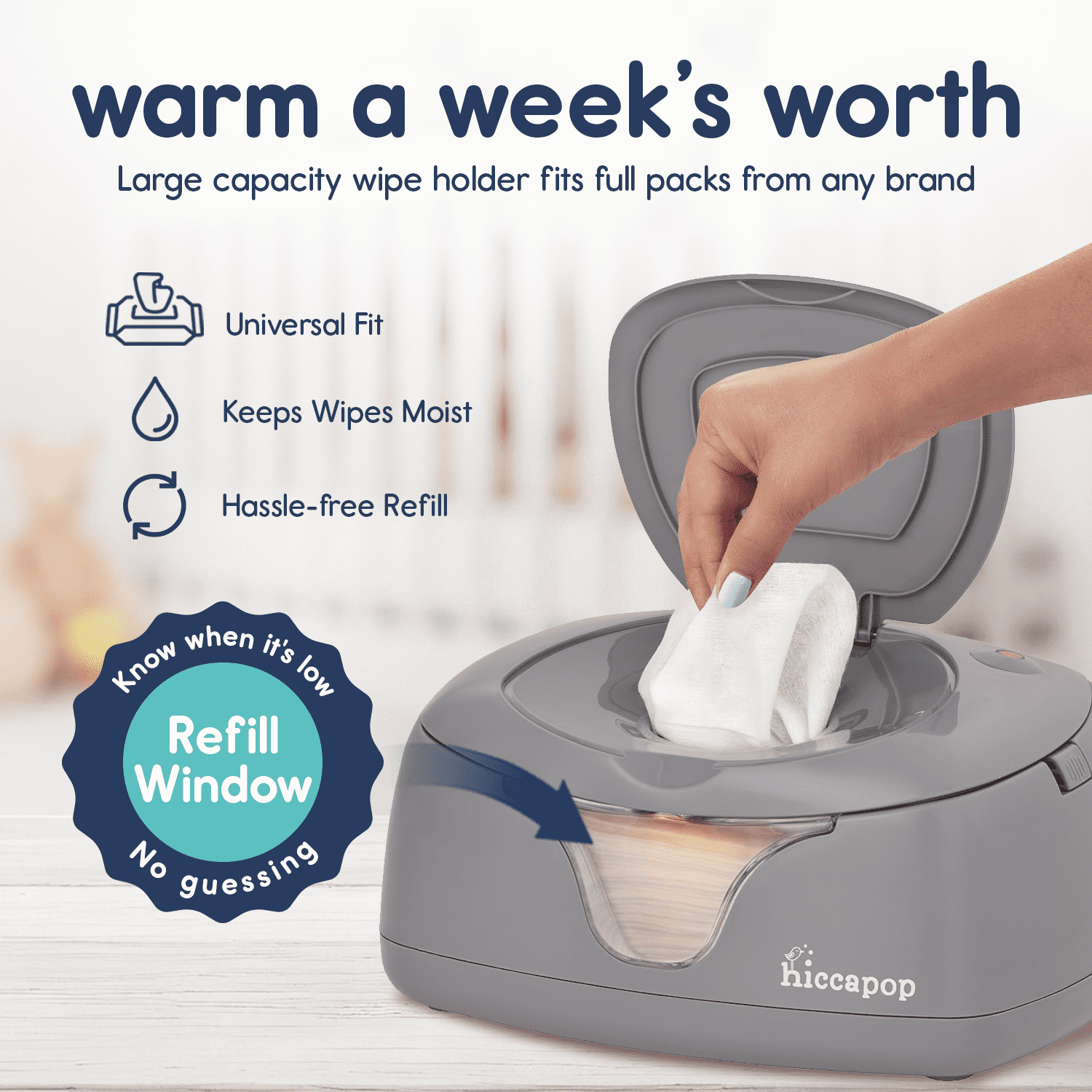 Hiccapop Baby Wipe Warmer and Wet Wipes Dispenser with Changing Light, Gray
