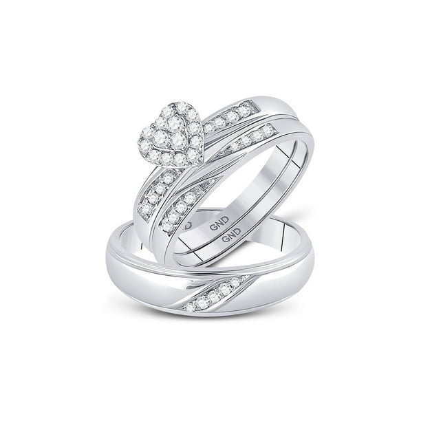 AA Jewels Solid 10k White Gold His and Hers Round Diamond Heart Matching Couple Three Rings