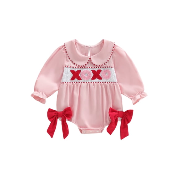 BemeyourBBs Valentines Day Outfit Baby Girl Smocked Bubble Rompers Puff Long Sleeve Doll Collar Letters Embroidery Bodysuit Bow Spring Clothes