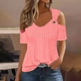 thumbnail image 2 of Olyvenn Sexy Cold Sholuder Tops for Women 2025 Summer Hollow Out Eyelet Short Sleeve Blouse Loose V Neck Tshirt Casual Tunics Pink S, 2 of 6
