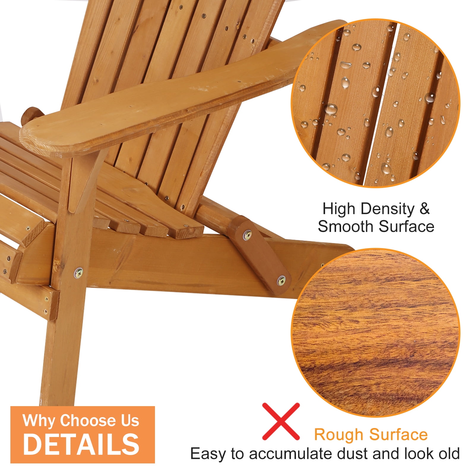 NiamVelo Outdoor Adirondack Chair, Folding Wood Durable Patio Lawn Chair Weather Resistant for Patio Deck Garden, Natural