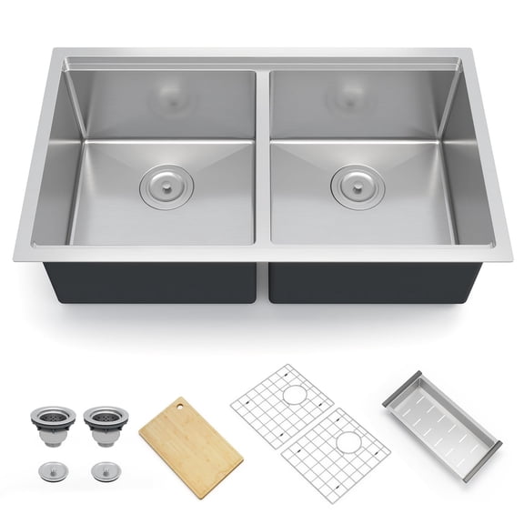 DSstyles Deluxe Double Bowl Undermount Kitchen Basin 33x19x10 Inch – 304 Stainless Steel, Deep Flat Bottom, Brushed Finish, Bottom Grid & Drain, Noise Reduction, Commercial Grade – double SS sinkes