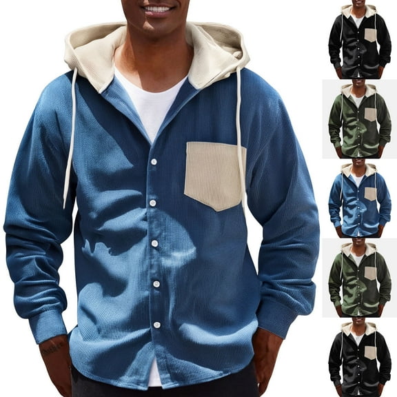 LpwkSSA Men's Daily Outwear Jacket Casual Fashion Solid Color Long Sleeved Hooded Drawstring Button Corduroy Coat with Pocket Black L