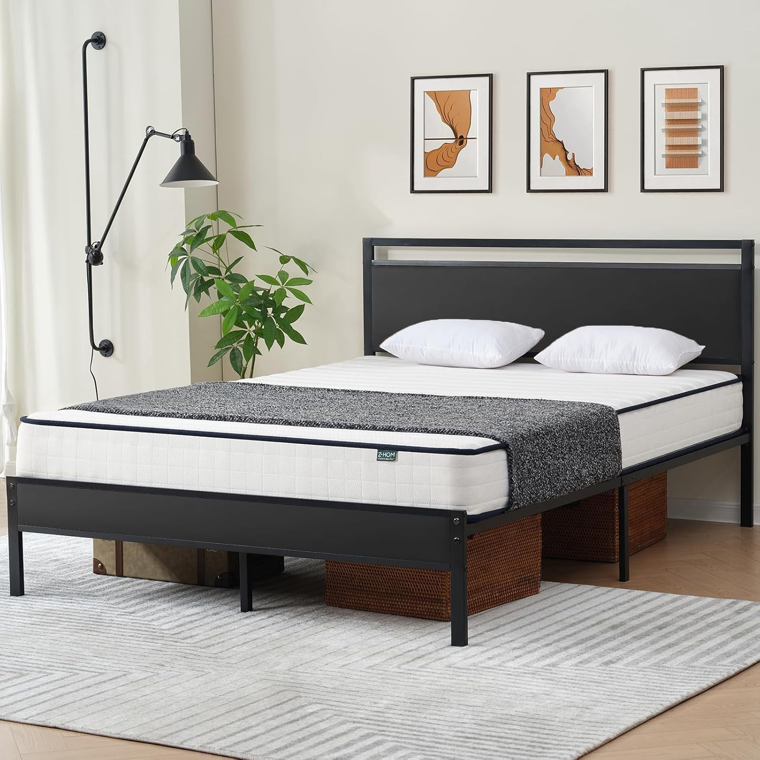 Z-HOM Queen Size Metal Platform Bed Frame with Wooden Headboard and Footboard,Black