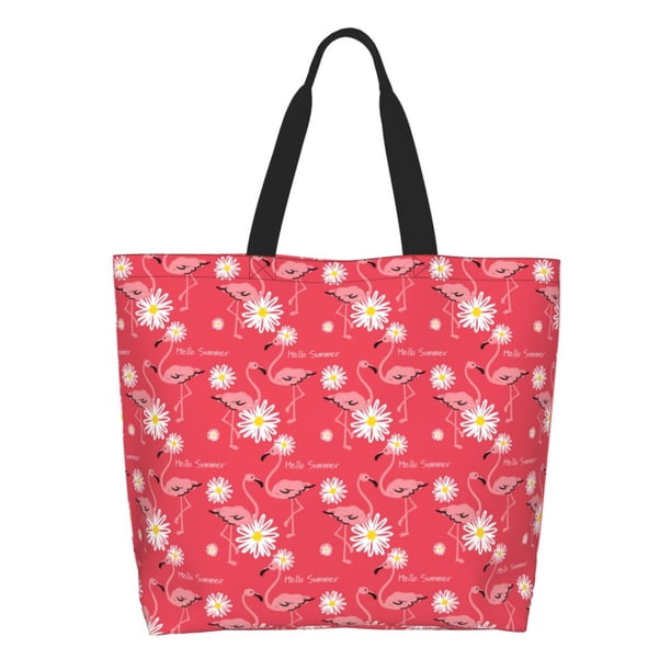 Fotbe Hello Summer Flamingo Bolsa Tote Estética de Lona con Estampado para Mujer - Bolsa Reutilizable de Hombro Casual para Vacaciones, Compras, Trabajo y Gimnasio