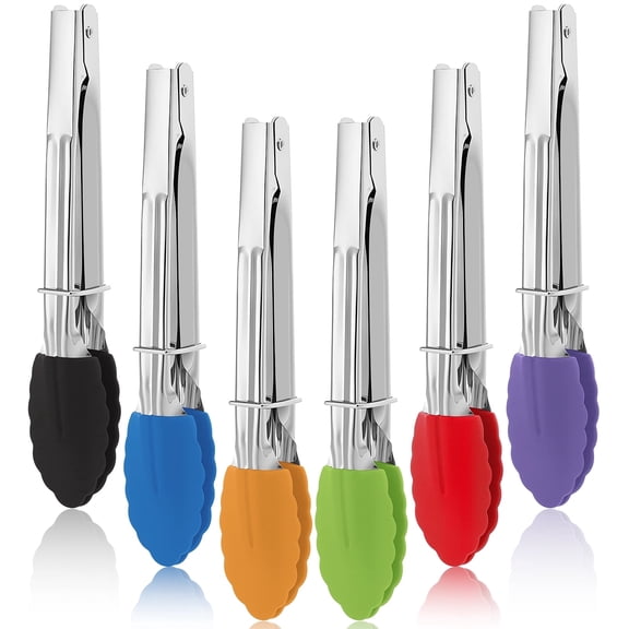 Vruelia 6 Pack Small Tongs with Silicone Tips, 7-Inch Mini Serving Tongs, Multicolor Food Tongs with Stainless Steel Handles, Heat Resistant Kitchen Tongs for Cooking, Serving, BBQ, Grilling, Salad