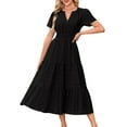 thumbnail image 3 of Womens Summer Casual Midi Maxi Dresses Light-Weight Short Sleeve V Neck Elastic Waist Boho Beach Dress Pockets, 3 of 8