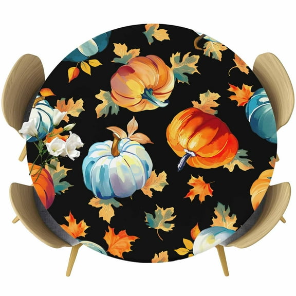 Pumpkins Fall Round Tablecloth 55-60 Inch Round Fitted Table Cloth with Elastic Edge, Thanksgiving Botanical Black Waterproof Table Cover Protector for Outdoor Picnic Party Dining