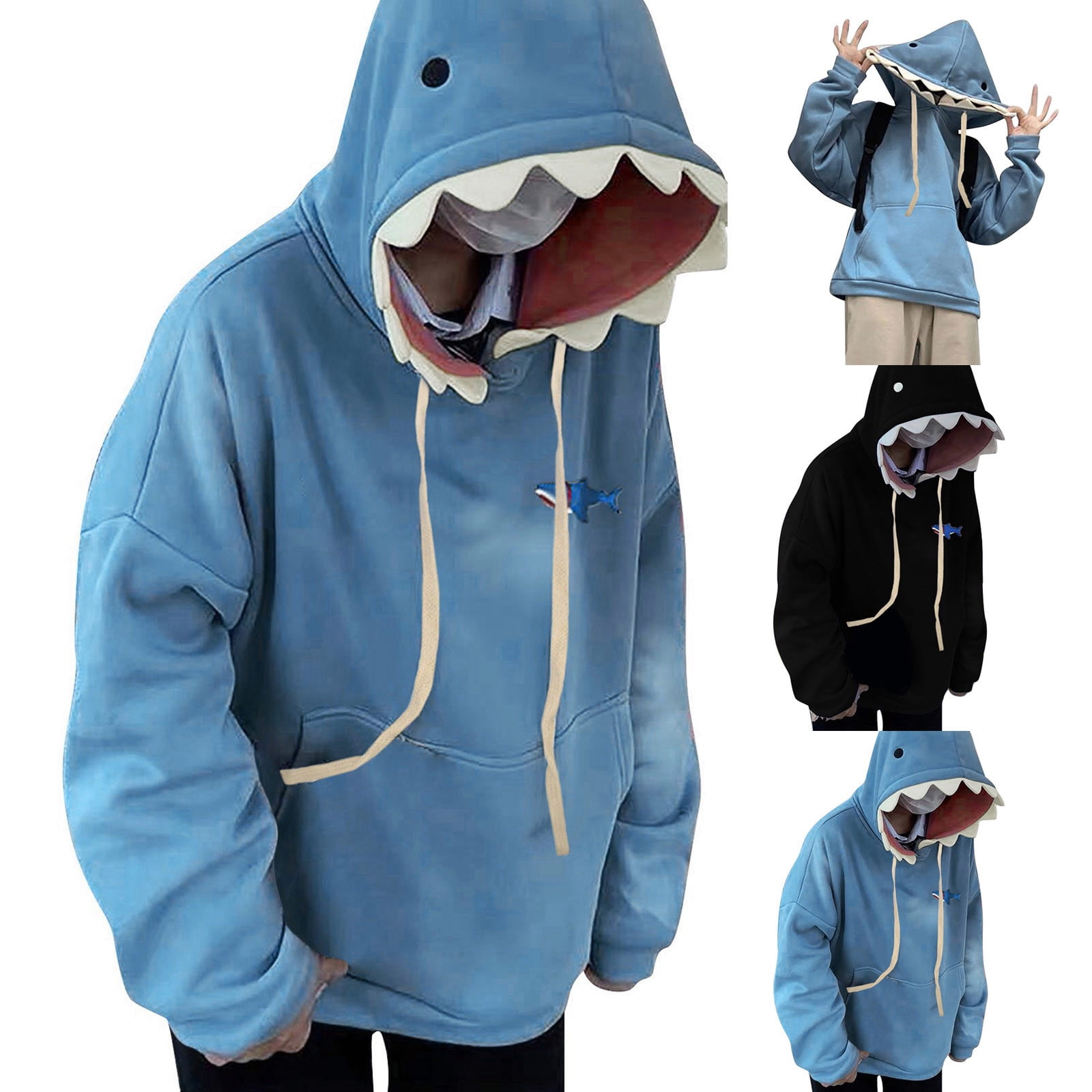 XIAONU Men's Novelty Pullover Hoodie Oversized Shark Mouth Detail