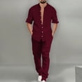 thumbnail image 2 of Kilaqueen 2-Piece Men's Set Long Sleeve Button-Down Crew Neck Shirt and Solid Color Casual Loose Pant, 2 of 6