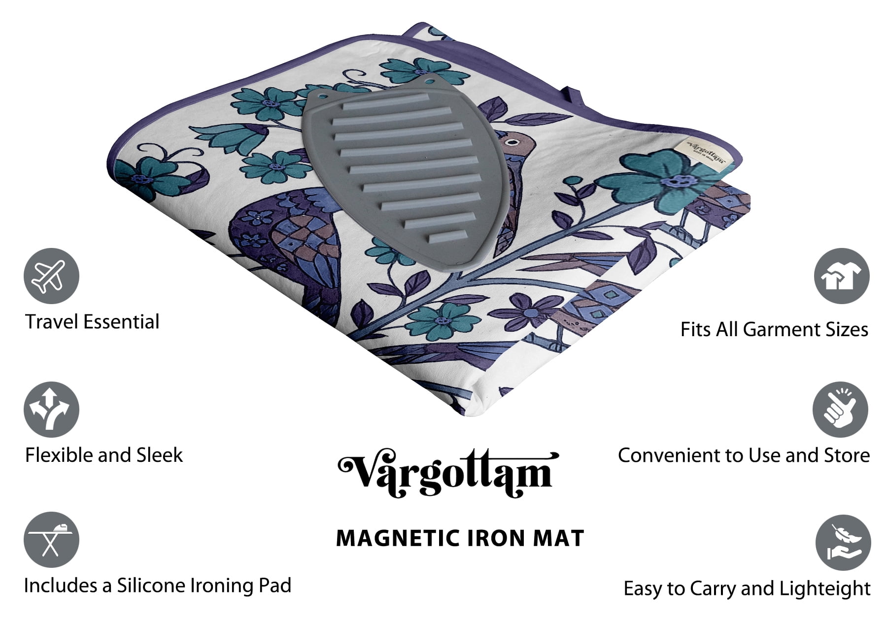 Vargottam Portable Ironing Mat - 28"x48" Foldable Cotton Ironing Pad with Silicone Rest & Magnetic Corners - Travel-Friendly, Space-Saving Iron Board Alternative for Small Homes, Dorms, RVs - Bird