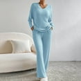 thumbnail image 5 of BLOCLOALO 2 Piece Lounge Set Long Sleeve Tops Women's 2023 Fashion Casual Straight Leg Pants Loose V Neck Knit Set V Neck Blouses Knit Sweater Womens Lounge Outfit Blue Xxl, 5 of 8