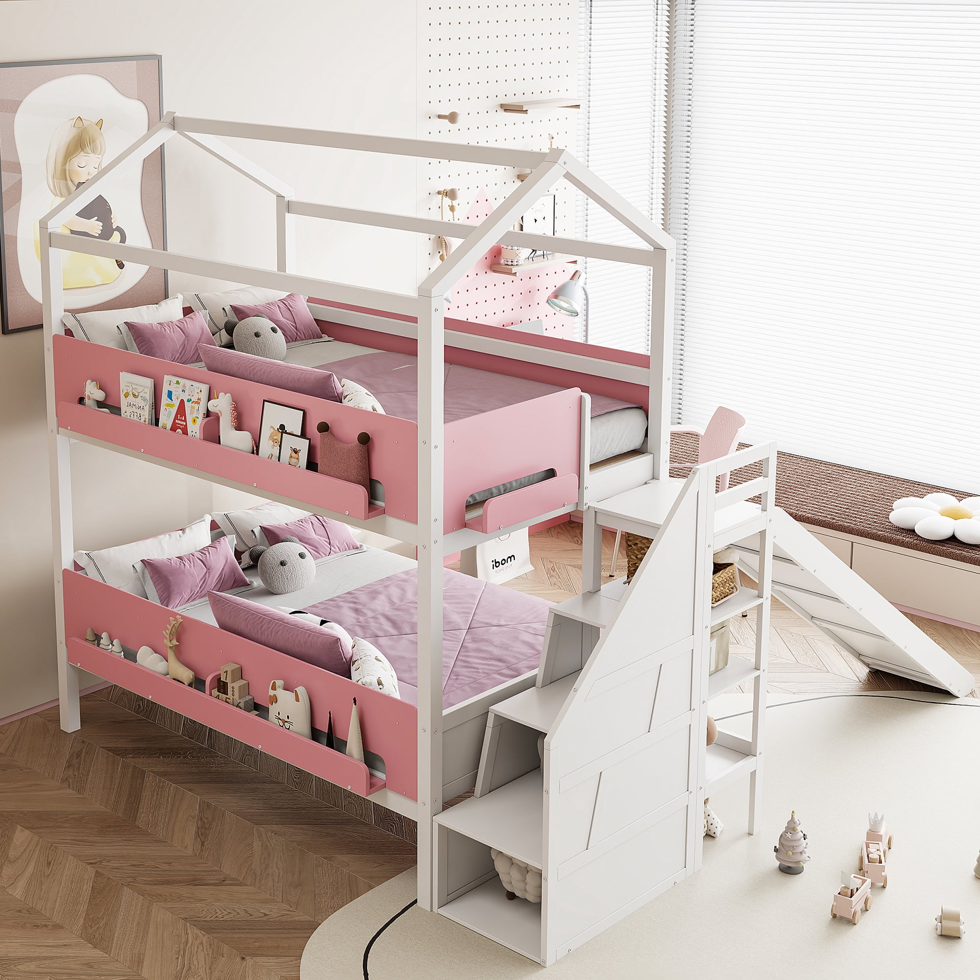 Mintazer Kids Twin Over Full Bunk Bed House-Shaped Bed Frame with Slide & Storage Staircase for Children Bedroom, Pink