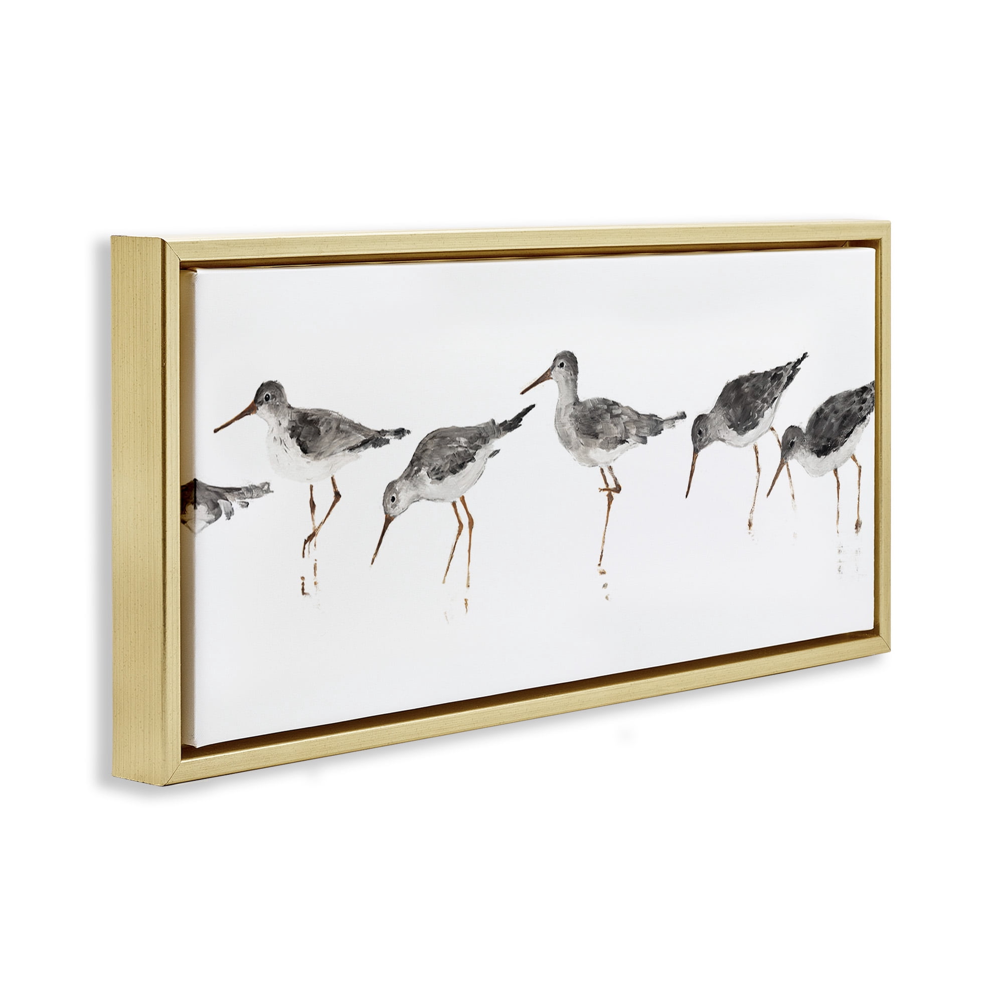 Stupell Industries Minimal Beach Bird Sandpipers Animals & Insects Painting Gold Floater Framed Canvas Art Print Wall Art, 31 x 14