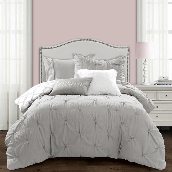 Lush Decor Ravello Pintuck Caroline Geo Textured Polyester Ruffle Detail Comforter, Twin-XL, Light Gray, 5-Pc Set