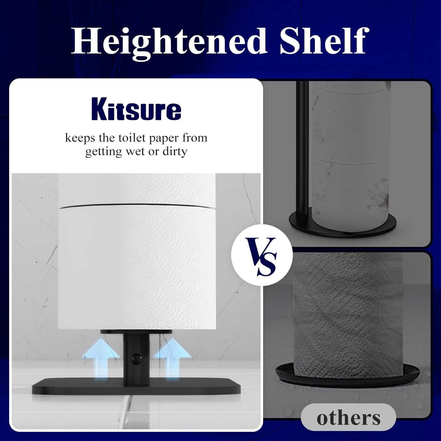4-Roll Free-Standing Toilet Paper Holder - Rustproof Metal Stand with Anti-Slip Base & Phone Shelf, Black Bathroom Storage Organizer