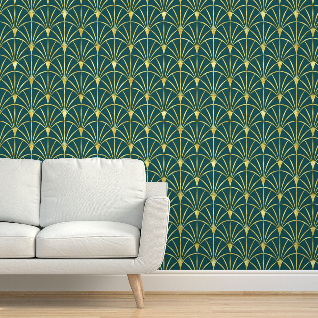 Peel & Stick Wallpaper Swatch - Art Deco Emerald Green Thin Gold Vintage  Custom Removable Wallpaper by Spoonflower 