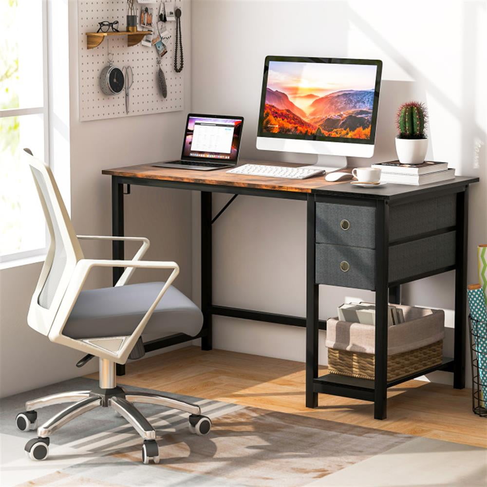 Demi Bonn 48" Home Computer Desk with 2 Drawers Hanging Hook, Office Desk Study Writing Table, Brown