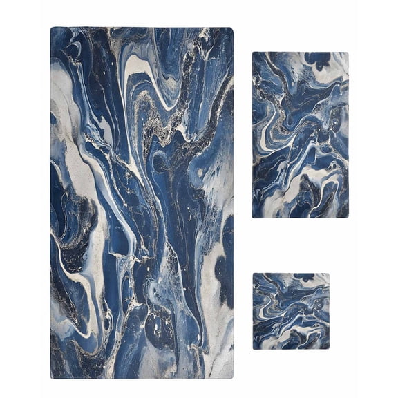 Retro Navy Blue White Towel Set of 3, Soft Microfiber Bath Towels, Hand Towel, Washcloths, Marble Abstract Art Quick-Dry Absorbent Towels for Bathroom Kitchen Hotel Beach Gym Spa