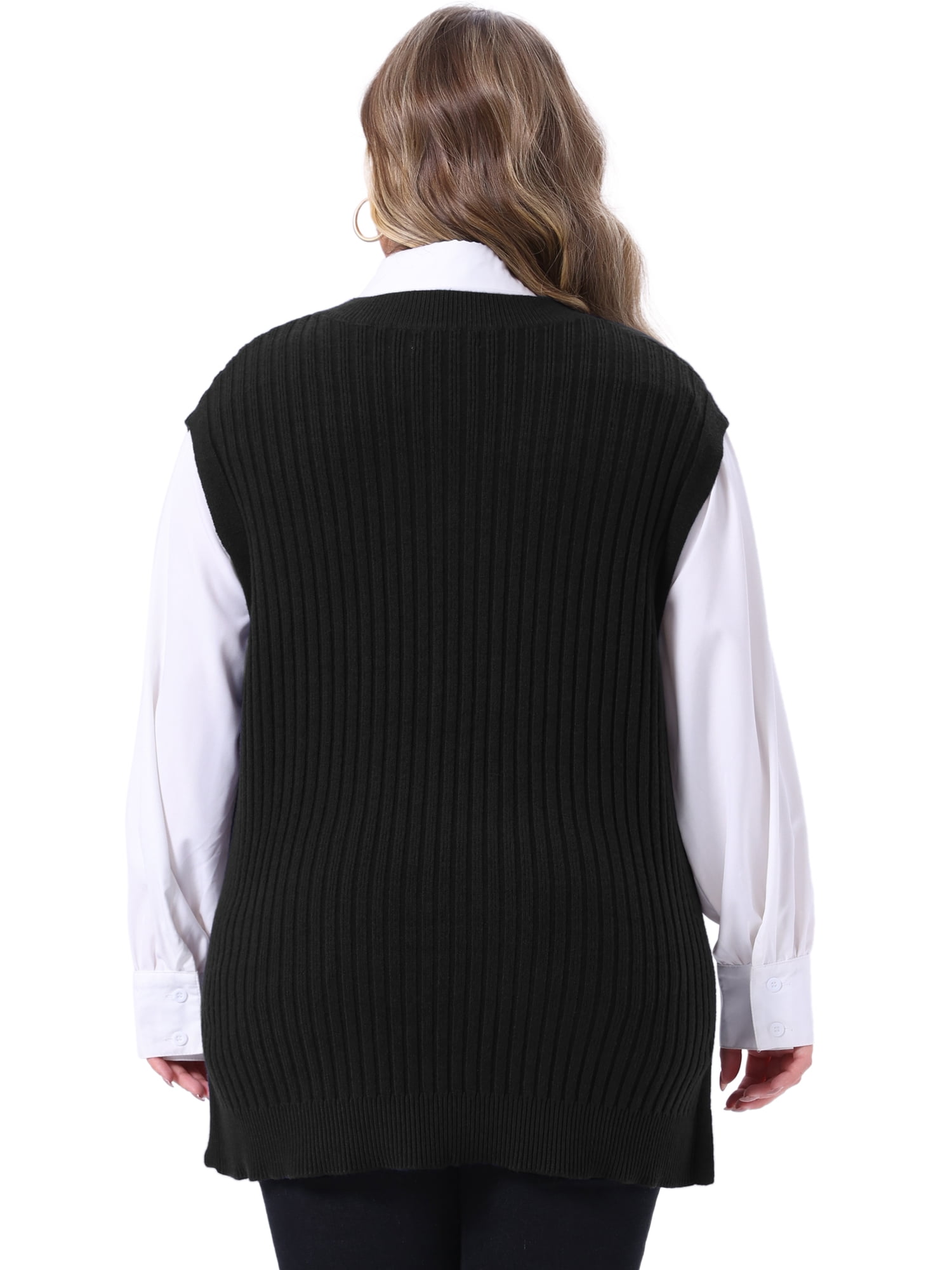 DARING DIVA Women's Plus V Neck Knit Split Hem Sweater Vest 3X Black